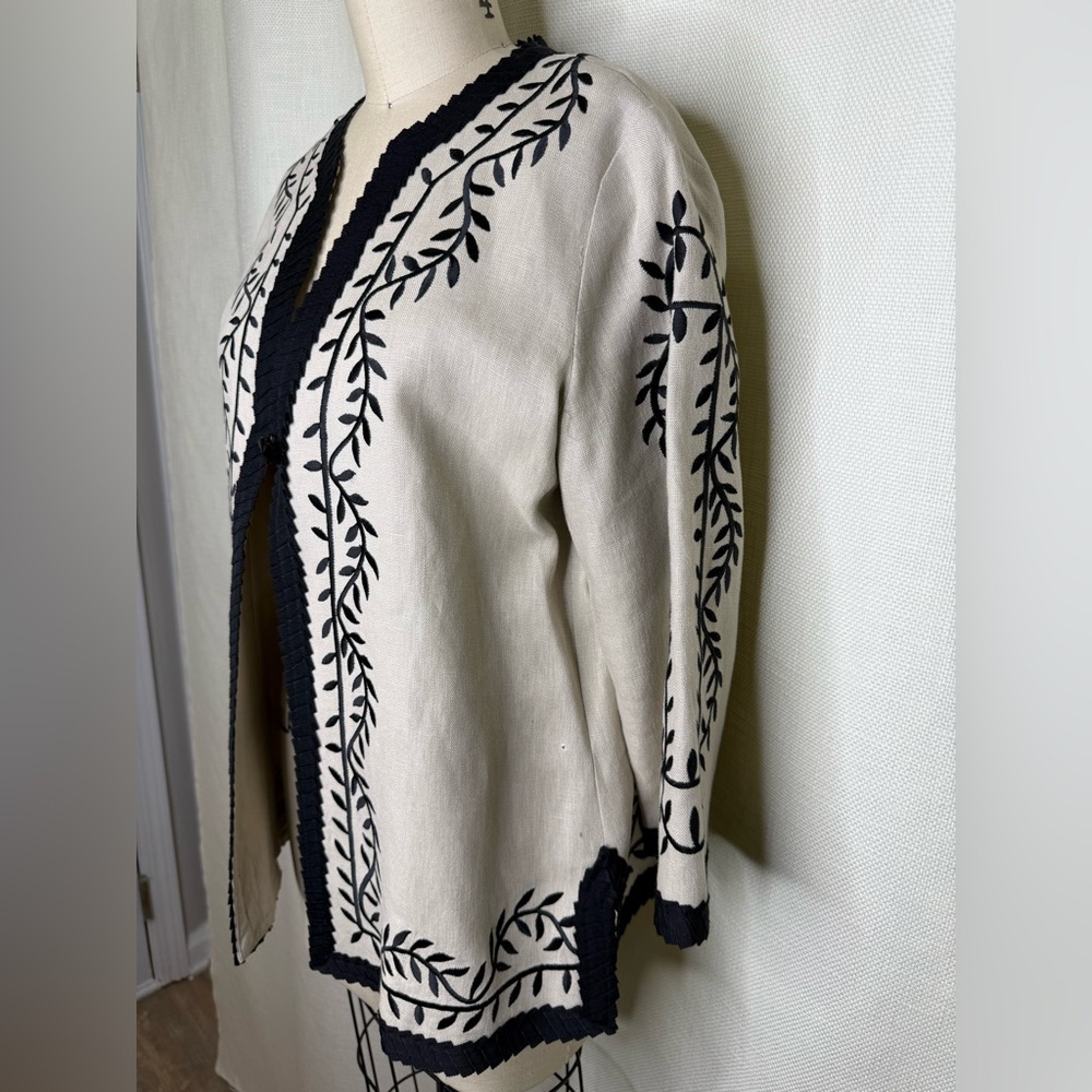 Linea Louis Dell Olio Embroidered Jacket Size S Linen Blend Black Chic - Picture 3 of 7